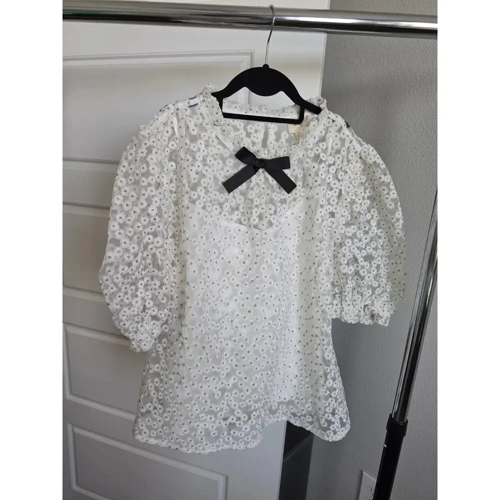 Anthropologie En Elly Puff Sleeve Bow Blouse White size XL NWT